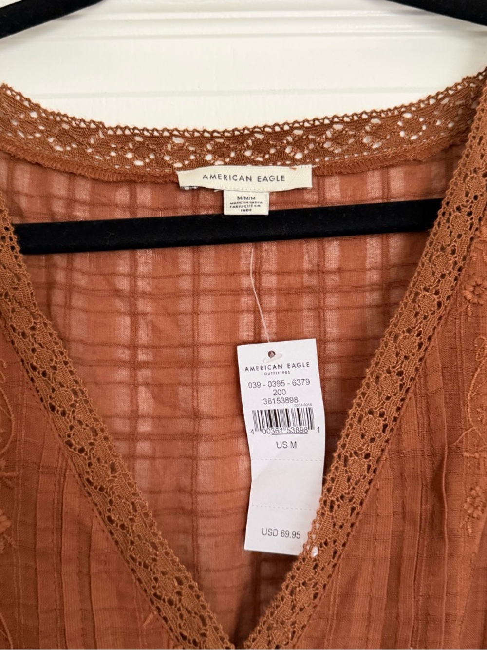 American Eagle brown lace dress with bell sleeves and floral embroidery. - Picture 4 of 5